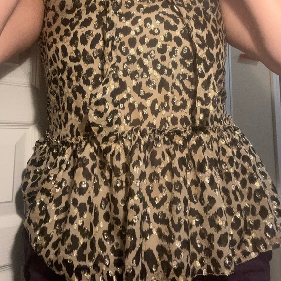 Kate Spade Leopard Print Silk Blend Sparkly Shimmer Ruffle Tie up Blouse - Picture 5 of 9